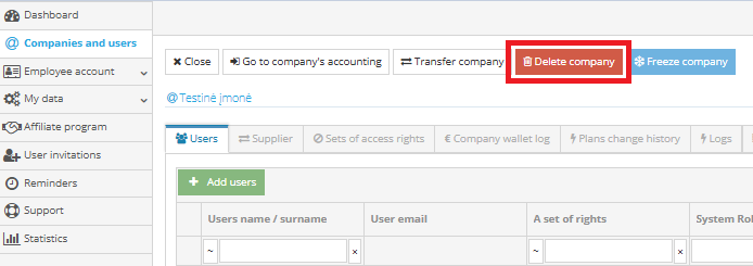 Company deletion button shown in the example